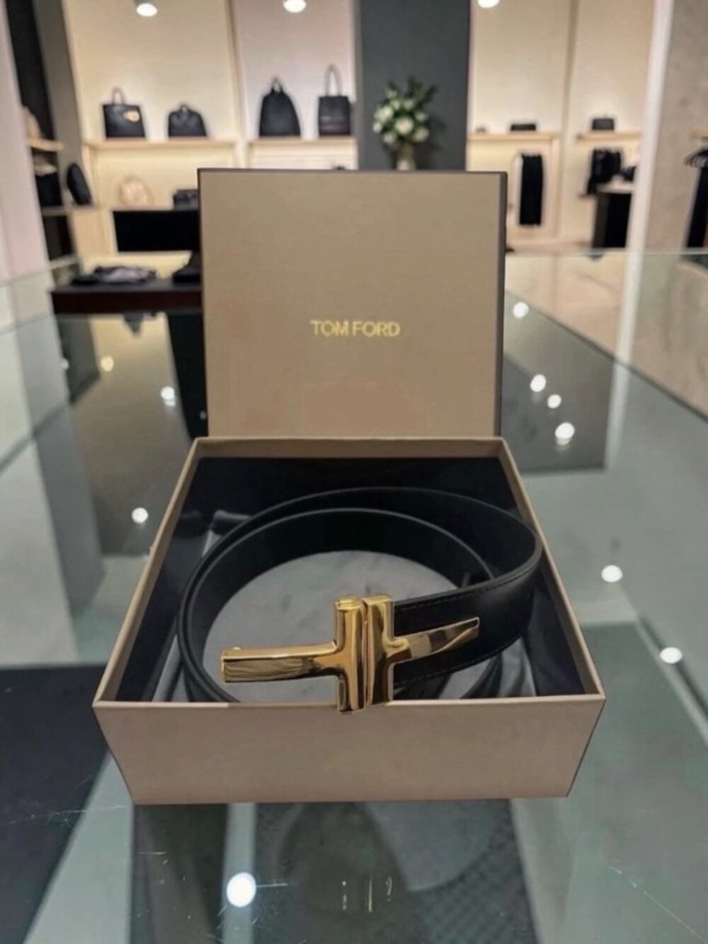 Tom Ford Black Leather Belt w/ Gold Double T Buckle W/ Box & Dust Bag Size 95